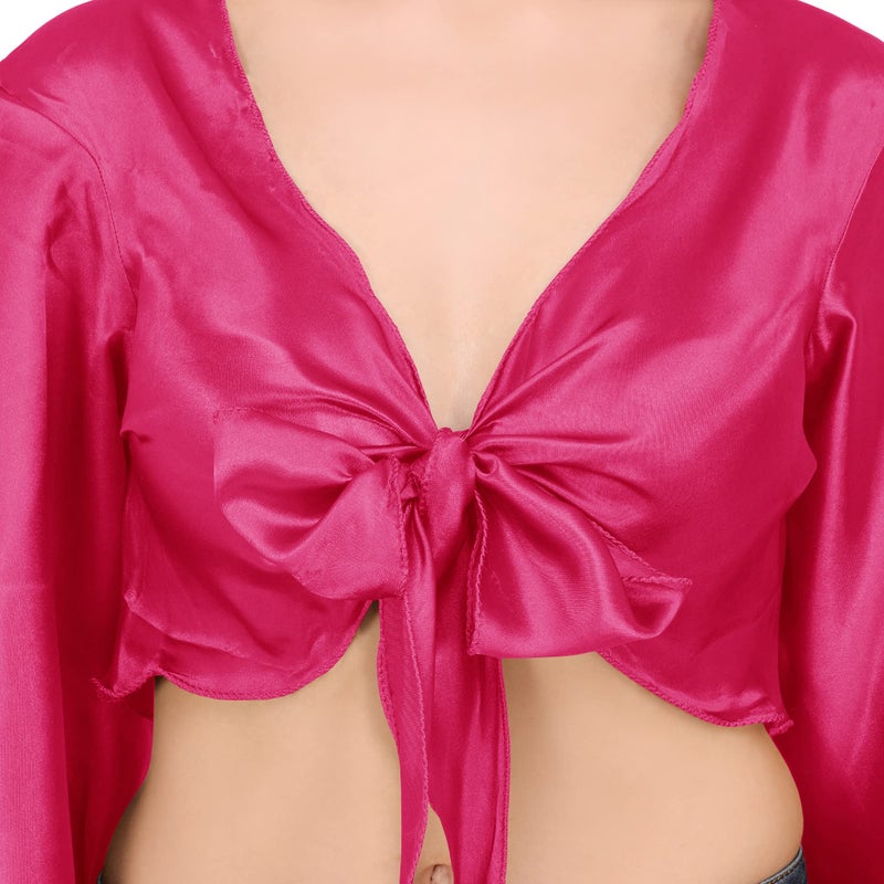 Indian Trendy Women's Satin Flair Wrap Tie Top Choli Blouse Belly Dance Gypsy - O - Deep Pink - Image 4